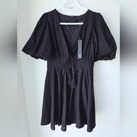 House Of Harlow 1960 Black Dress Puff Sleeve Flared Skirt Linen Size 4 S - Picture 8 of 12